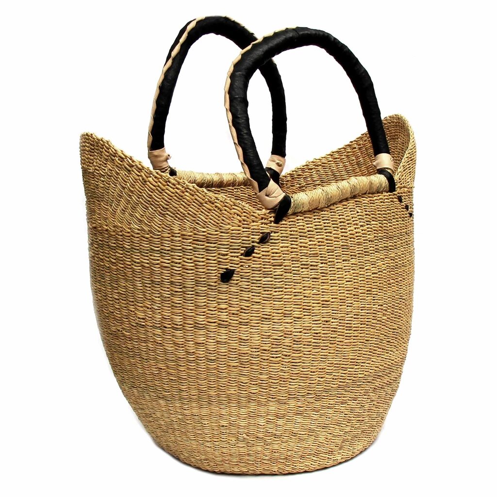 Bolga Tote, Natural with Black Accent and Leather Handle – 18-inch ...